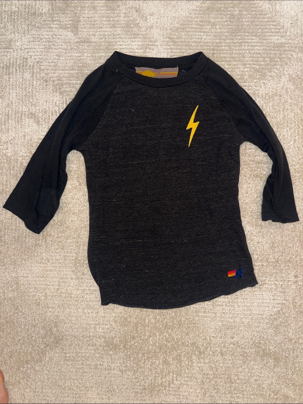 Aviator Nation Youth Black Raglan Tee with Yellow Lightning 3/4 length sleeve